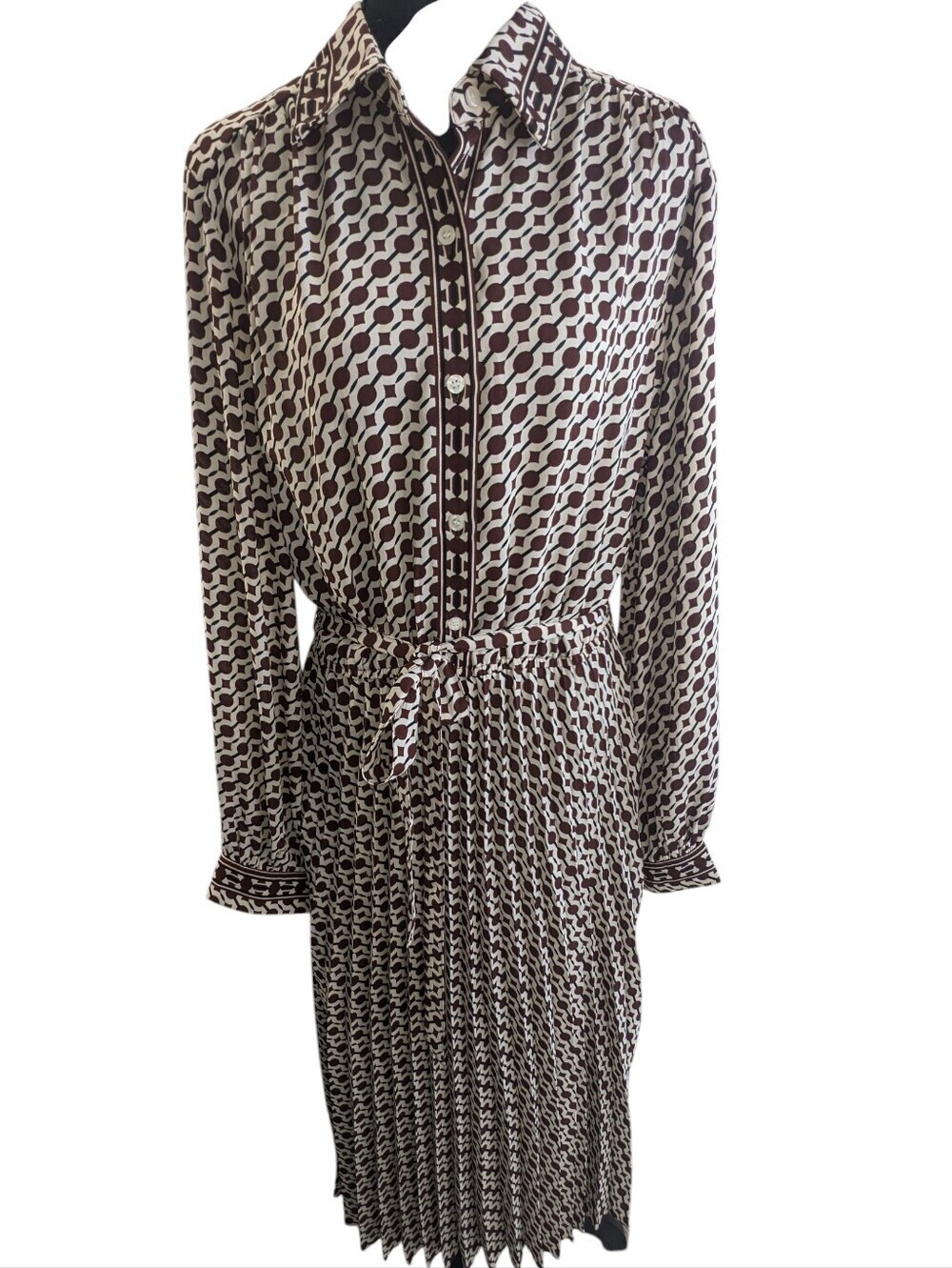 Max Studio Brown & Cream Geometric Tie-Waist Shirt Dress Pleated Skirt Size XL